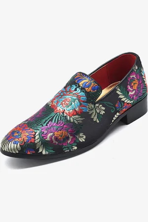 milanoo.com Mocassini da uomo con ricamo slip-on in tessuto con motivo floreale punta affilata tacco a blocco vintage scarpe penny