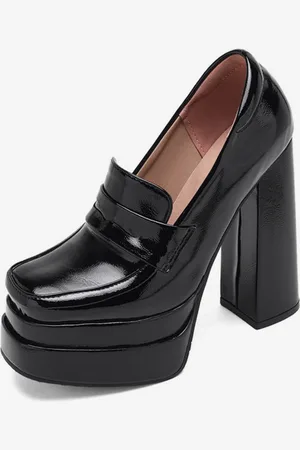 milanoo.com Mocassini da donna neri con tacco alto e plateau punta quadrata slip-on