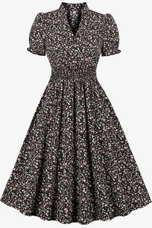 milanoo.com Abito vintage a trapezio con stampa floreale e scollo a V retrò midi per donna 2025