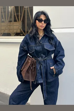 milanoo.com Completo primaverile in due pezzi in denim top con cintura e pantaloni a gamba larga per donna 2025