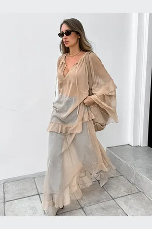milanoo.com Abito lungo trasparente a strati color con scollo a V e maniche lunghe per donna 2025