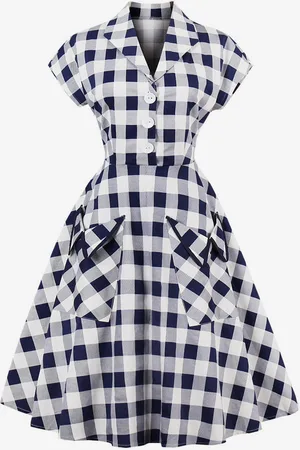 milanoo.com Abito vintage a quadretti a maniche corte stile Hepburn a trapezio per donna 2025