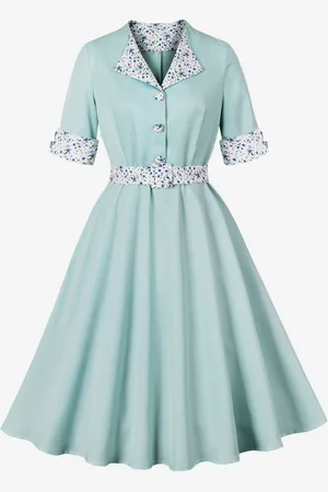 milanoo.com Abito vintage verde con dettagli floreali stile Hepburn abito midi a trapezio per donna 2025