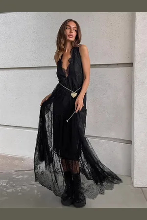 milanoo.com Abito lungo estivo senza maniche in pizzo con scollo a V profondo per donna 2025