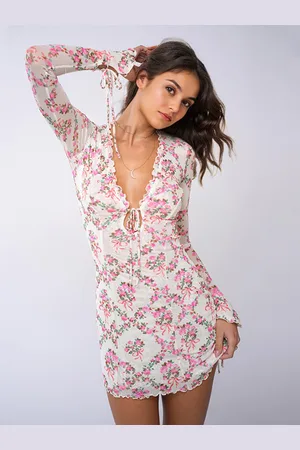 milanoo.com Abito floreale con scollo a V profondo e allacciatura sul davanti maniche lunghe mini abito da donna 2025