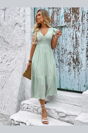 milanoo.com Abito midi verde con scollo a V e maniche corte a palloncino per donna 2025