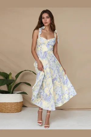 milanoo.com Abito midi con stampa floreale e spalline a fiocco per donna 2025
