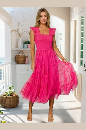 milanoo.com Abito midi in tulle arricciato con orlo a strati per donna 2025