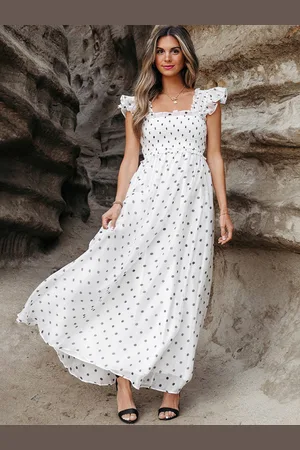 milanoo.com Abito lungo boho a pois con maniche a palloncino e colletto quadrato 2025