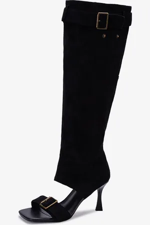 milanoo.com Stivali con tacco alto in pelle scamosciata sandali infradito con fibbia