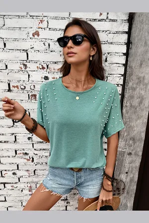 milanoo.com T-shirt con maniche a pipistrello e perline e intricato dettaglio in pizzo sul retro 2025