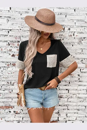 milanoo.com T-shirt con scollo a V maniche scintillanti e tasca frontale 2025
