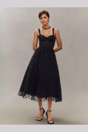 milanoo.com Abito da festa a pois con vita trasparente a trapezio midi per donna 2025