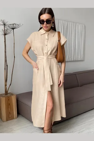 milanoo.com Abito camicia a maniche corte con cintura e bottoni sul davanti abito lungo in cotone e lino 2025