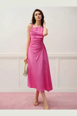 milanoo.com Abito midi senza maniche rosso rosa con vita arricciata 2025