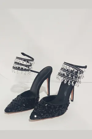 milanoo.com Scarpe da festa con tacco alto décolleté nere paillettes punta affilata e cinturini