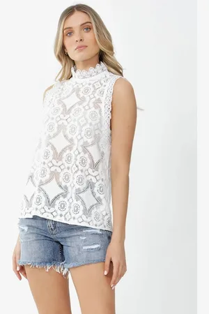 milanoo.com Camicia in pizzo con collo alto senza maniche trasparente sexy 2025