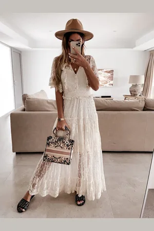 milanoo.com Abito lungo boho in pizzo con scollo a V e maniche corte 2025