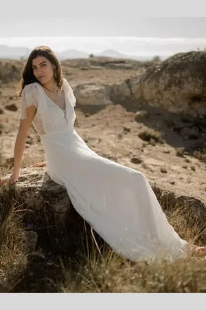 milanoo.com Abito da sposa semplice con scollo a V maniche corte e strascico in pizzo