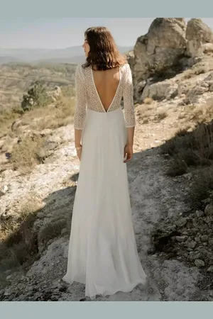 milanoo.com Abito da sposa semplice con strascico abito da ballo maniche a 3/4 pizzo scollo a V