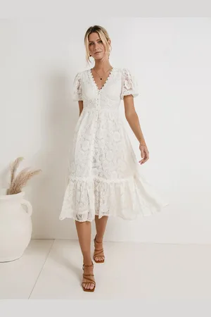 milanoo.com Abito midi in pizzo con maniche a sbuffo e scollo a V 2025