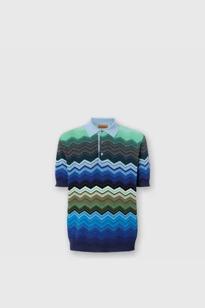 Missoni Polo in maglia di cotone zig zag con profili a contrasto, Uomo, Blu & Verde