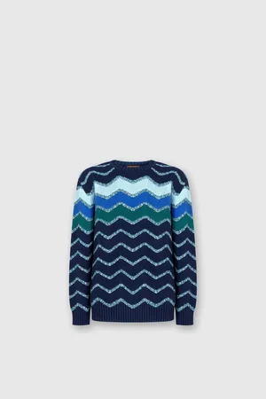 Missoni Pullover girocollo con macro zig zag e dettagli mélange, Uomo, Blu & Verde
