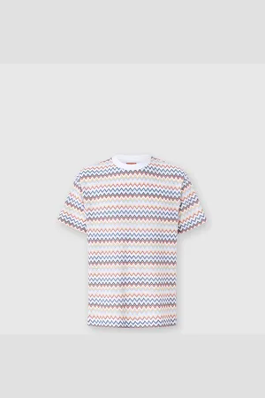 Missoni T-shirt girocollo in cotone zig zag con colletto a contrasto, Uomo, Bianco & Arancio