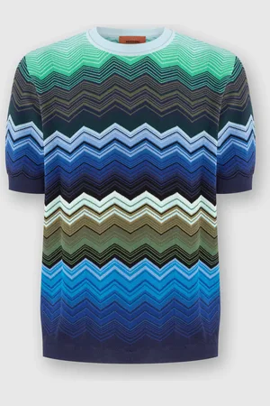 Missoni T-shirt girocollo in maglia di cotone zig zag con profili a contrasto, Uomo, Blu & Verde