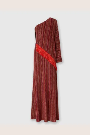 Missoni Abito lungo monospalla zig zag con paillettes e frange, Donna