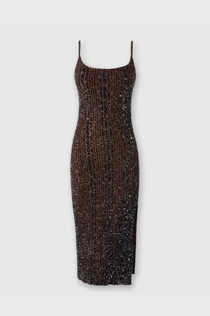 Missoni Abito midi senza maniche a costine con paillettes e spacco, Donna, Nero & Marrone