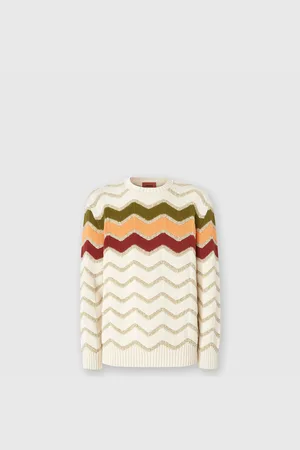 Missoni Pullover girocollo con macro zig zag e dettagli mélange, Uomo, Bianco & Arancio