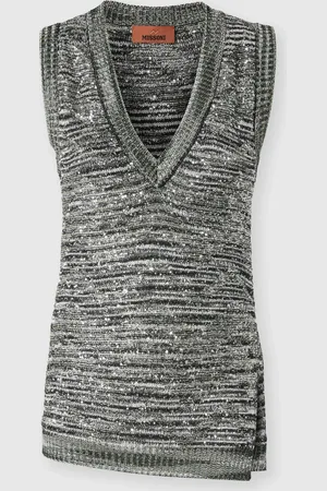 Missoni Top senza maniche in maglia fiammata con paillettes e scollo a V, Donna, Verde & Nero