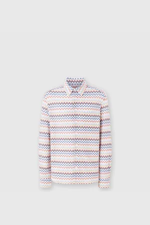 Missoni Camicia in cotone zig zag con taschino, Uomo, Bianco & Arancio