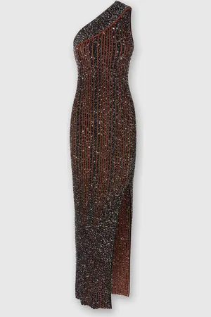 Missoni Abito lungo monospalla a costine con paillettes e spacco, Donna, Nero & Marrone