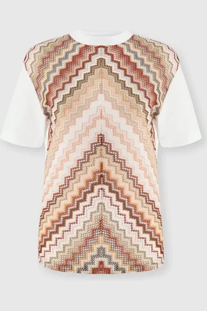 Missoni T-shirt girocollo con inserto in maglia zig zag lamé, Donna, Bianco & Beige