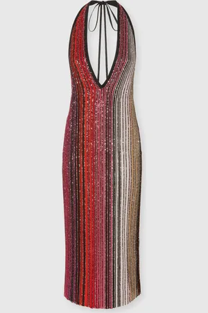 Missoni Abito midi parzializzato a righe con paillettes e scollo a V, Donna, Nero & Rosso