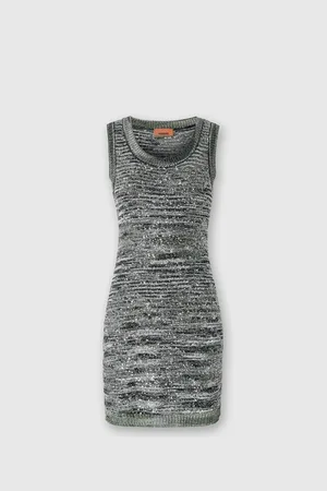 Missoni Mini-abito senza maniche in maglia fiammata con paillettes, Donna, Verde & Nero