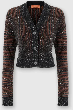 Missoni Cardigan crop a costine con paillettes e scollo a V, Donna, Nero Multicolore