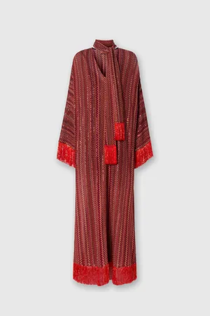 Missoni Caftano zig zag con paillettes e scollo a V e sciarpa removibile con frange, Donna