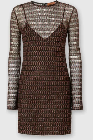 Missoni Mini-abito girocollo in viscosa lamé motivo pizzo, Donna, Ruggine & Nero