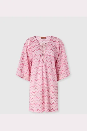 Missoni Caftano corto in tulle misto viscosa con zig zag fiammato, Donna, Bianco & Rosa