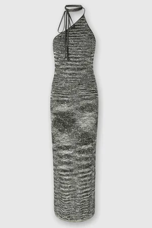 Missoni Abito lungo monospalla in maglia fiammata con paillettes, Donna, Verde & Nero