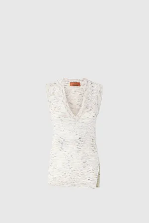 Missoni Top senza maniche in maglia fiammata con paillettes e scollo a V, Donna, Bianco & Beige