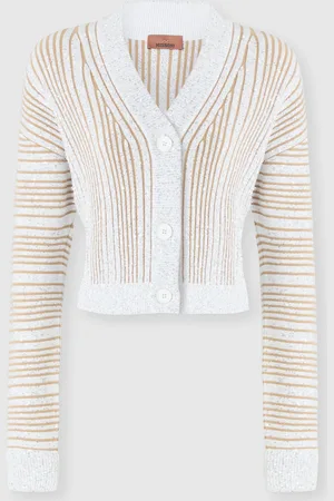 Missoni Cardigan crop a costine con paillettes e scollo a V, Donna, Bianco & Beige