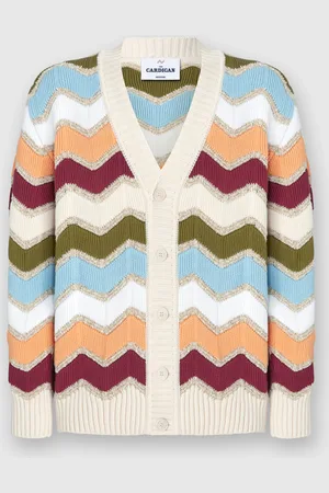 Missoni Cardigan con macro zig zag e dettagli mélange, Uomo, Bianco & Arancio