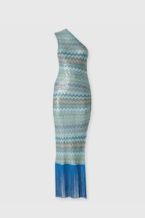 Missoni Abito copricostume lungo monospalla in viscosa zig zag lamé con paillettes e frange, Donna