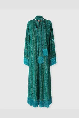 Missoni Caftano zig zag con paillettes e scollo a V e sciarpa removibile con frange, Donna