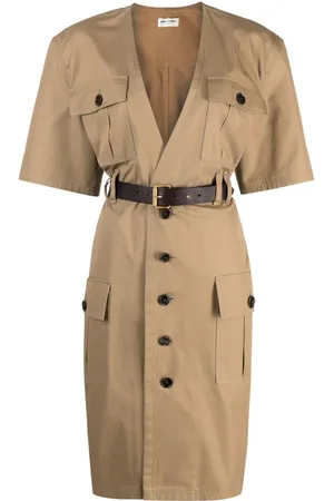 Saint Laurent Abito In Twill Di Cotone Con Cintura