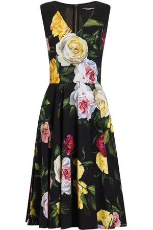 Dolce & Gabbana Abito Midi Con Gonna A Ruota In Cady Stampa Peonie E R